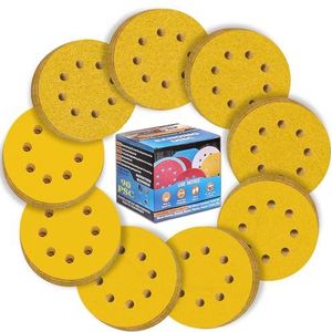 ALPXUXP - Schuurschijven - 125mm - 90 Stuks - Klittenband - Ronde 8 Gaten - Goudgeel