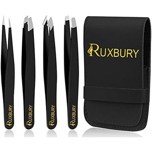 Ruxbury 4 Stks Professionele RVS Pincet Voor Gezichtshaar - Zwart Gecoat, Schuine & Puntige Tip Voor Wenkbrauwen & Ingegroeide Haar - Met Lederen Zakje