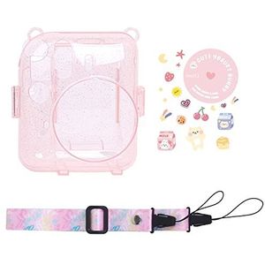 Doorzichtige hoes voor Instax Mini 12 Instant Camera Case met Foto's Opbergvak, Beschermende Crystal Case + Sticker + Strap 3-delige set (roze)