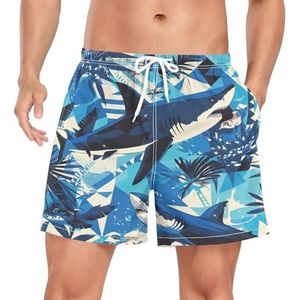 Niigeu Abstracte Palm Blue Shark Zwembroek voor heren, sneldrogend, met zakken, Leuke mode, M