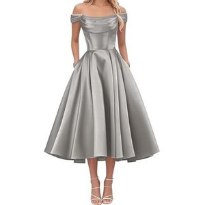 AHERKLL Thee Lengte Bruidsmeisjes Jurken voor Junioren Off Shoulder Satijn Avond Cocktail Party Maxi Jurk met Zak HAH050, Zilver, 32