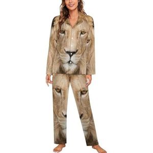 Majestic Lion Crowned with Mane dames lange mouw button down nachtkleding zachte nachtkleding lounge pyjama set 2XL