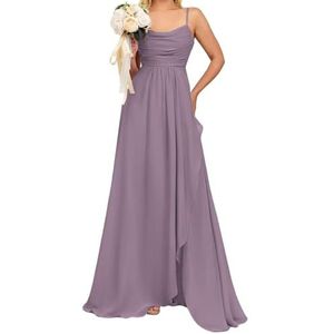 Prinses Bruidsmeisjes Jurken Spaghetti Bandjes Galajurken Chiffon Formele Avondfeest Maxi Jurk met Split ZM192, Wisteria, 32