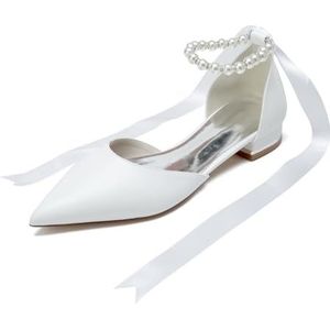 EICOFF Dames Pumps Lage Hakken Parel Jurk Schoenen Puntige Teen Trouwschoenen Enkelband Bruiloft Bruids Party Promschoenen,Wit,36 EU