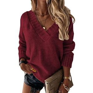 WHZXYDN Dames herfst en winter nieuwe effen kleur trui dames V-hals lange mouwen trui trui top, Wijn Rood, XXL