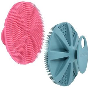 INNERNEED Food-grade zachte siliconen body scrubber doucheborstel handheld reinigende huidborstel, zacht exfoliërend en goed schuimen (donkergroen+roze)