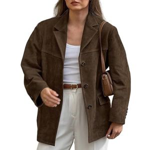 HGKPFGTG Dames Imitatie Suède Mode Blazer Jas Gekartelde Revers Knoopsluiting Oversized Casual Kostuum Jas Herfst Winterjas,Bruin,L