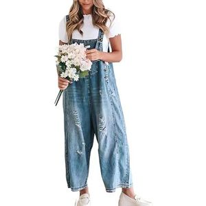 OHERUWKLS Casual losse verstelbare bandjes voor dames Vintage stretch comfortabele overalls met zakken,Blauw,L