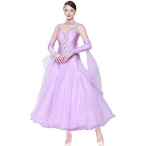 Nationale Standaarddanswedstrijdjurken Hoogwaardig Professionele Balzaal Danskleding Voor Vrouwen Mesh Lange Mouwen Wals Prestatie Kostuum Met Strass,Purper,3XL