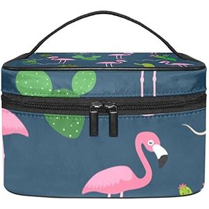 Make-up Organizer Bag, Reizen Make-up Tas Organizer Case Draagbare Cosmetische Tas voor Vrouwen en Meisjes Toiletartikelen Roze Flamingo Tropische Cactus op Donkere Achtergrond, Meerkleurig, 22.5x15x13.8cm/8.9x5.9x5.4in