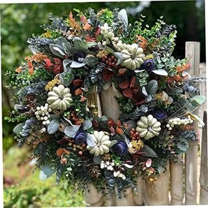 Kerstboomslinger, hangende kerstkrans, kunstmatige herfstbloemen, Thanksgiving herfstkrans Frame buiten, 13 inch witte pompoenen Ranunculus-krans herfstdecor for voordeur, Halloweenkrans