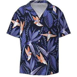 Blauw en Oranje Vogel Print Heren Button Down Shirt Korte Mouw Casual Shirt Voor Mannen Zomer Business Casual Jurk Shirt, Zwart, XXL