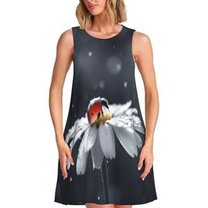 ELSMZXZD Zittende groene drie-bladige insectenprint dames zomerjurken - casual mouwloze jurk zonnejurk 2025 strand met zak, Lieveheersbeestje op bloem, S