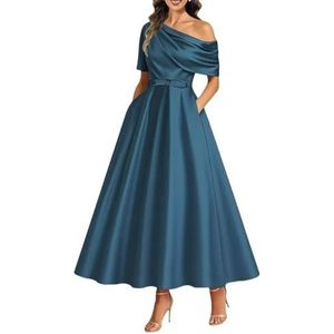 KIYNE Satijnen damesjurken voor moeder van de bruid, theelengte voor bruiloft, korset, A-lijn, formele avondjurk, feestjurk, Turkoois, 32