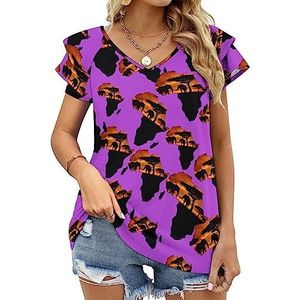 Afrikaanse safari kaart dames casual tuniek tops ruches korte mouwen T-shirts V-hals blouse T-shirt