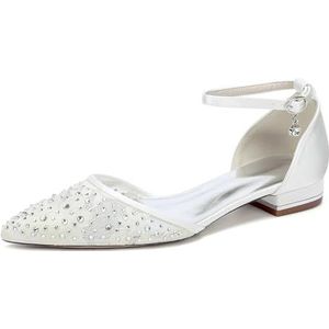 KYEGLO Puntige Satijnen Ballerina's Voor Dames, Instap Sandalen Met Strass Steentjes, Gesloten Bruidsschoenen Voor Dagelijks Gebruik, Feestjes En Bruiloften,ivoor,36