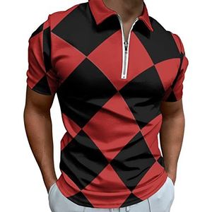 Rode En Zwarte Vierkanten Half Zip-up Poloshirts Voor Mannen Slim Fit Korte Mouw T-shirt Sneldrogende Golf Tops Tees 3XL