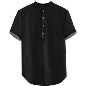LQHYDMS T-shirts Mannen Mannen Effen Katoen Linnen Korte Mouw Knop Plus Size T-shirt Blouse Mode Kleding Mannen Shirts Losse Tops, Zwart, XL