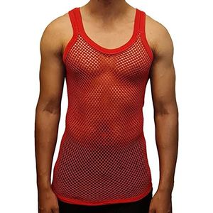 Ementu Heren premium 100% katoen getailleerde string vest visnet tanktop, Rood, XL