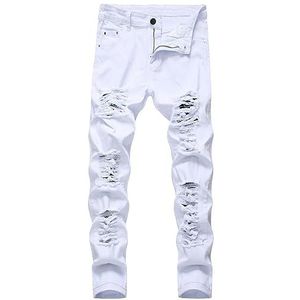 HHuiXinXue Heren Fashion Trend Biker Jeans Skinny Stretch Ripped Vernietigde Denim Broek Zip Up Jeans Broek, Wit, S