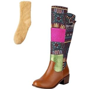 Xytraiihw 2024 Retro Hoge Laarzen, Borduurwerk Stiksels Elegante Chelsea Schoenen Ronde Neus Met Blokhak Mode Ridder Laarzen Comfort Casual Lange Schacht,Bruin,40