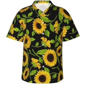 Mooie zonnebloemprint klassiek Hawaïaans overhemd voor mannen, button-down, tropische shirts, casual strandkleding, Zwart, S