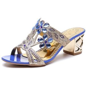 2024 Nieuwe Slippers Met Blokhak Elegante Damessandalen Met Strass Bruids Hoge Hakken Slippers Zomer Peep Toe Sandalen Vrijetijdsstrandschoenen Slippers (Color : Blue, Size : 39 EU)