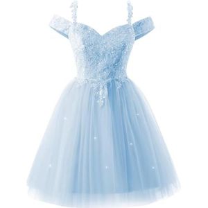 YIANN Sprankelende pailletten tule thuiskomst jurken voor tieners kant applicatie koude schouder cocktail party jurk, Lichtblauw, 32