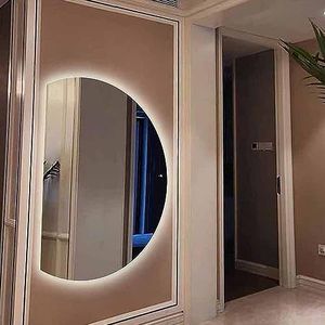 UkewEi Verlichte badkamerspiegel met 3 kleuren lichten, anti-mist, dimbare LED-make-upspiegel, halve maan frameloze wandspiegel, 33 x 47 in/84 x 120 cm moderne decoratieve spiegel onbreekbaar (kleur: