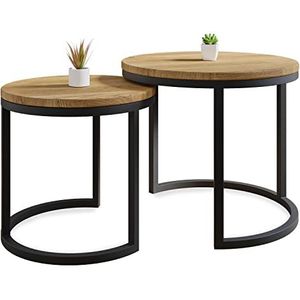 Lumarc Modena, Set van 2 Salontafels Handgemaakte in Massief Natuurlijk Eikenhout en Staal met een Modern Industrieel Minimalistisch Design, Zwart, Ronde, Ø50x43 cm / Ø40x38 cm