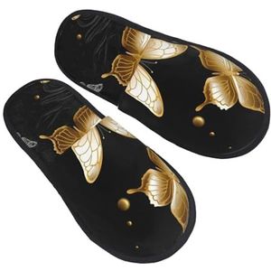 BONDIJ Goudwitte vlinders zwarte print pantoffels zachte pluche huispantoffels warme instappers gezellige indoor outdoor slippers voor vrouwen, Zwart, one size