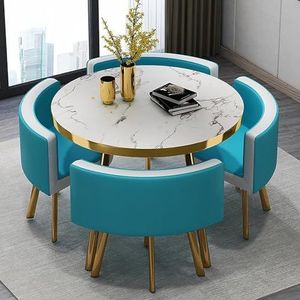 Ronde Eettafel En Stoelenset, Kantoorontvangstkamer, Salontafel En Stoelset, Zakelijke Tafel En Stoelcombinatie, Ronde Houten Tafel 4 Lederen Stoelen (Kleur : Light blue B, Maat : 90CM)