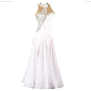 FZHQNZJF Nationale Standaard Dansjurk Strass Steentjes Wals Tango Danskostuum Mouwloos Balroom Dansrok voor Dames Ademend Flamenco Salsa Danskleding,Wit,L