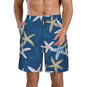 PHTZEZFC Blauwe achtergrond zeesterprint strandshorts voor heren - lichtgewicht, sneldrogende zwembroek met trekkoord en zakken, Wit, XL