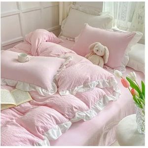 Kanten beddengoedhoes, Dekbedovertrekset met ruches, prinsessenstijl, veelkleurig, meerdere maten, 4 stuks, katoen(Color-03,Queen 4pcs 200x230)