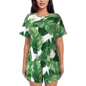YQxwJL Leuke Groene Palm Bladeren Print Vrouwen Pyjama Sets Shorts Korte Mouw Lounge Sets Nachtkleding Casual Pjs Met Zakken, Zwart, XL