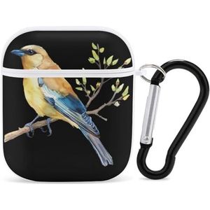 Cedar Waxwing Bird Aquarel Leuke Case voor AirPods 2 & 1 Shockproof Beschermende Hoofdtelefoon Gevallen Cover Met Sleutelhanger voor Mannen Vrouwen
