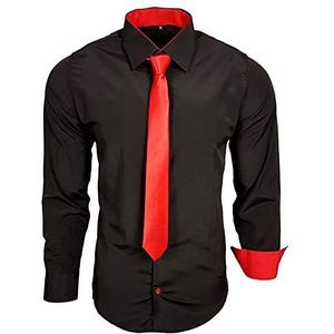Baxboy 444-BK Contrast overhemd voor heren, zakelijke overhemden met stropdas, bruiloft, vrije tijd, zwart/rood, L