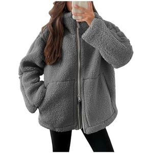 Teddy Jack Dames Vrije Tijd Tweesnijdend Jack Effen Fleece Jack Pluchen Jack Met Rits Dik Warm Winterjack Comfortabele Winterjas Wollen Jack For Dames S-XXL(Dark gray,L)