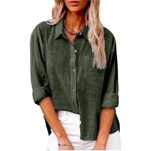 Dames katoenen linnen button-down overhemd 2024 lente casual effen kleur shirts met lange mouwen losse werktops met zakken(Color:Army Green,Size:4XL)