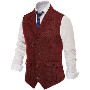 Heren Pak Vest Wollen Visgraatvest Slim Fit Vest Dagelijks Zakelijk Formeel Rood XL