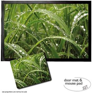 1art1 Planten, Dew Drops In Green Grass Deurmat (60x40 cm) + Muismat (23x19 cm) Cadeauset