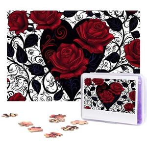 300-delige puzzel voor volwassenen gepersonaliseerde foto puzzel zwart hart rode roos aangepaste houten puzzel voor familie, verjaardag, bruiloft, spel nachten geschenken, 38 x 25,9 cm