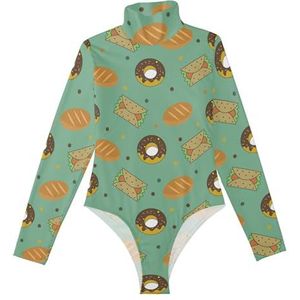 LI ZHI XIN Rompertjes met lange mouwen voor dames, eendelige jumpsuit met hoge hals, coltrui, turnpakje, top voor meisjes, dans, workout, fitness, bodysuit met lieve donut, hotdog, cartoonpatroon