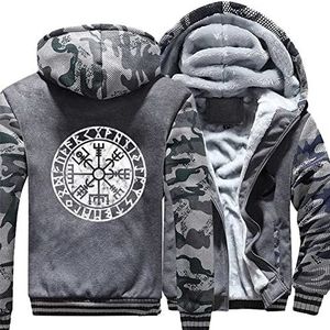 Nordic Heren Pluche Trui Rits Hoodie, Viking Gedrukt Vegvisir Rune Tattoo Totem Winter Warme Kleding Streetwear Sweatshirt Jas,E,XL