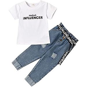 Baby Meisjes Gescheurde Jeans Outfit Korte Mouw Blouse Trui Tops Denim Broek 2 Stuks Peuter Lente Zomer Kleding Set Wit 100 2-3 jaar