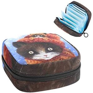 Maandverband Opbergtas, Menstruatie Cup Pouch Tampon Bag, Periode Pads Houder Organizer voor Vrouwen Meisjes, Rode Sjaal Hoed Kat en Baby