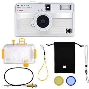 KODAK EKTAR H35N Half Frame Film Camera Premium Kit, 35 mm Herbruikbare, Waterdichte Case, Kabelafgifte, Kleurfilters, met Flash, Reisvriendelijk (Film & AAA Batterij zijn niet inbegrepen) (Zilver)