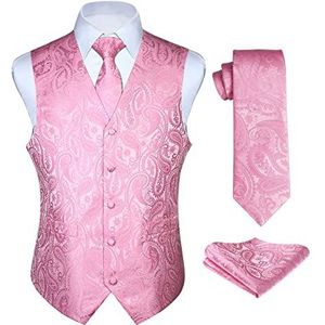 Enlision Men's Gilets Paisley Pink Bruiloft Gilet Tie Pocket Square Jacquard Feest Suit Vest Set XS