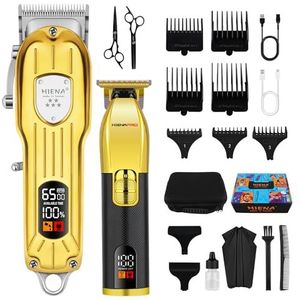 HIENA PRO Professionele tondeuse set voor mannen, kappersset met LED-display, USB, draadloze oplaadbare trimmer en haarknipset, geschenken voor mannen, goudzwart